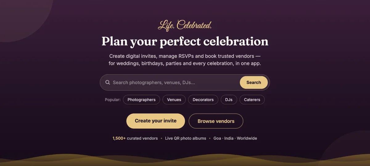 CELABE home page hero: Life. Celebrated. Plan your perfect celebration, with vendor search, popular categories and buttons to create an invite or browse vendors